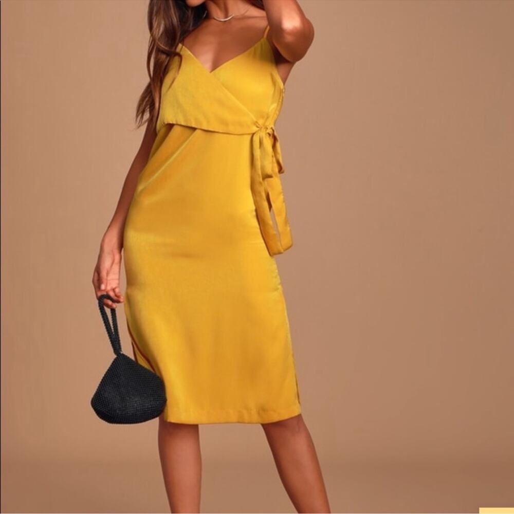NWT Lulus J.O.A Fall in Love Mustard Yellow Midi Slip Dress sz S Wrap Satin